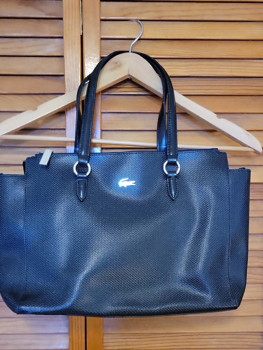 Lacoste Black Textured Tote with Silver Logo Hardware